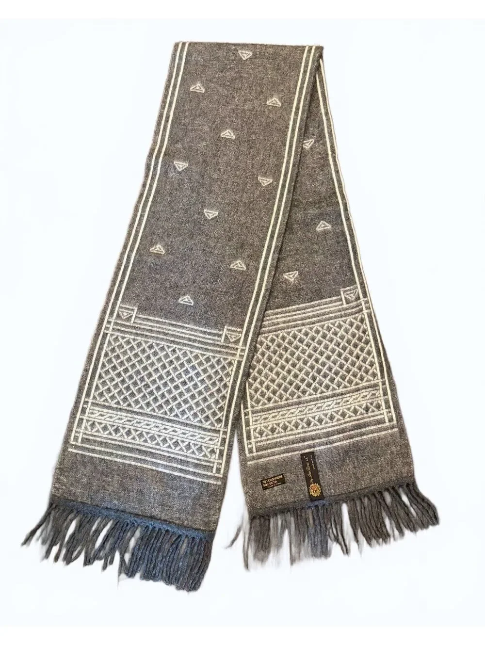 Loro Piana Italy Gray Cashmere Fair Isle Knit Fringe Scarf Geometric Lattice